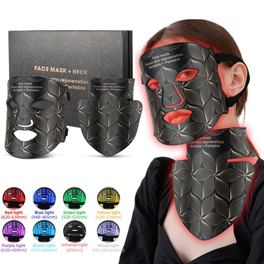 Masque Facial LED avec cou 8 couleurs, rouge proche infrarouge, contrôle de l'huile photonique du visage et du cou, raffermissement de la peau, blanchiment et Anti-rouge
